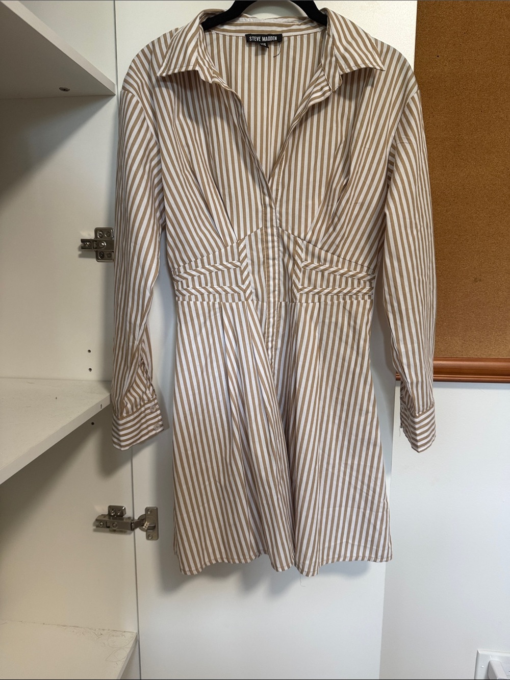 Steve Madden Beige & White Striped Long Sleeve Shirt Dress